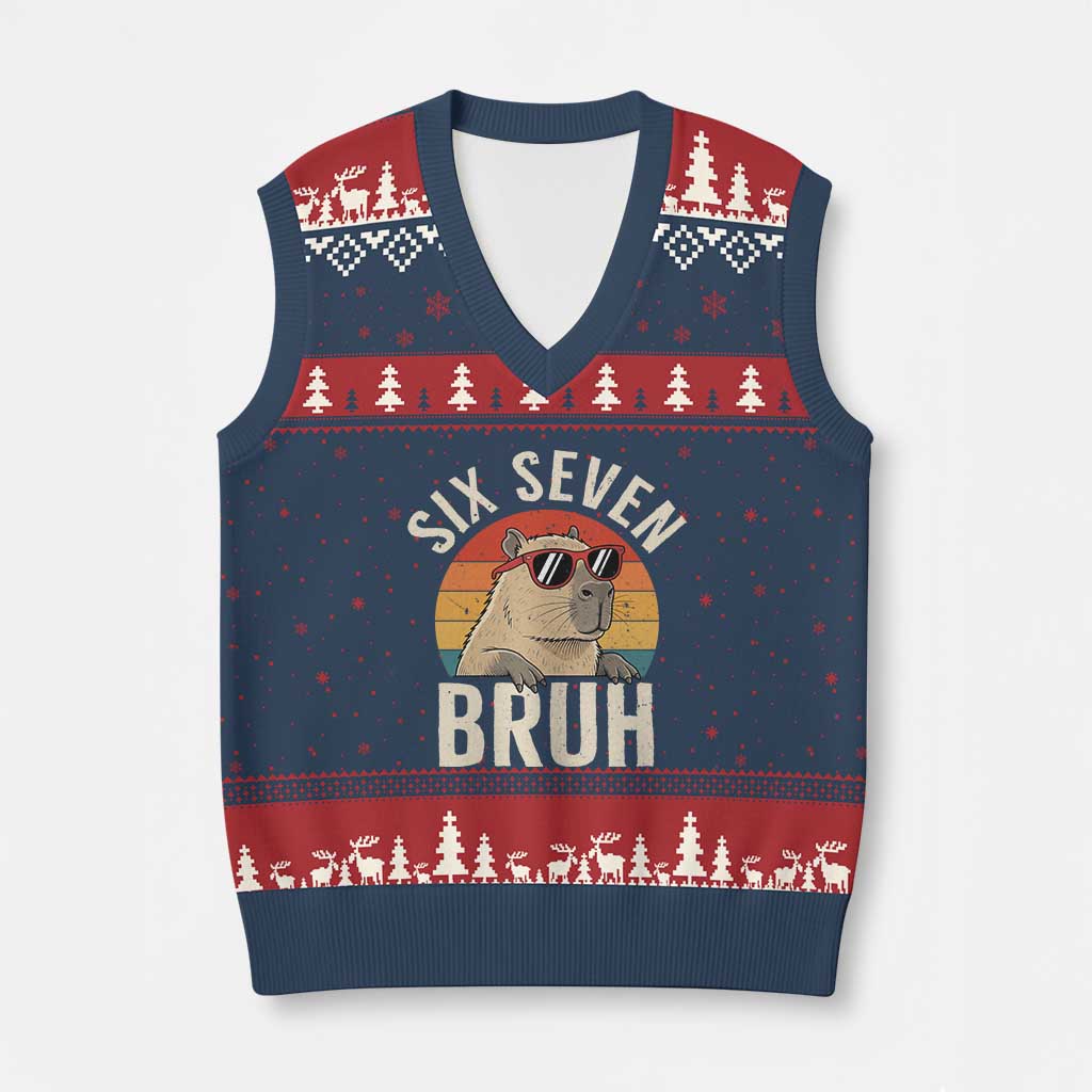Six Seven Bruh 67 Meme Funny Capybara V-Neck Knit Sweater Vest TS10 Navy Red Print Your Wear