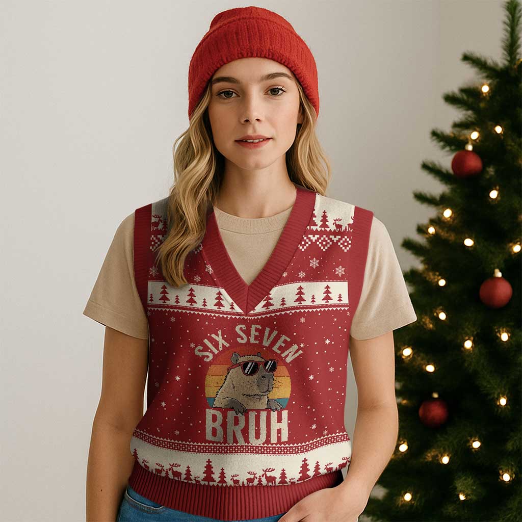 Six Seven Bruh 67 Meme Funny Capybara V-Neck Knit Sweater Vest TS10 Red Beige Print Your Wear