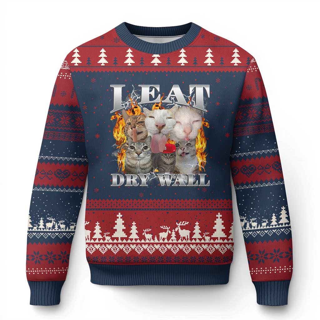 Funny Cat Meme Bootleg Graphic Ugly Christmas Sweater I Eat Drywall Funny Weird Cursed Internet Memes TS10 Navy Red Print Your Wear