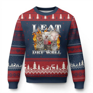 Funny Cat Meme Bootleg Graphic Ugly Christmas Sweater I Eat Drywall Funny Weird Cursed Internet Memes TS10 Navy Red Print Your Wear