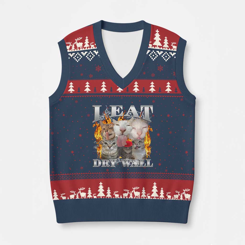 Funny Cat Meme Bootleg Graphic V-Neck Knit Sweater Vest I Eat Drywall Funny Weird Cursed Internet Memes TS10 Navy Red Print Your Wear