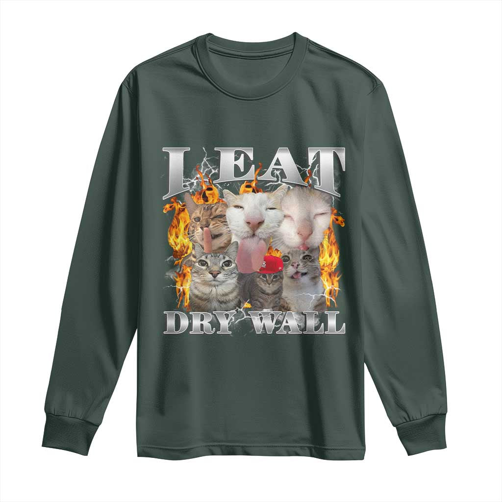 Funny Cat Meme Bootleg Graphic Long Sleeve Shirt I Eat Drywall Funny Weird Cursed Internet Memes TS10 Dark Forest Green Print Your Wear