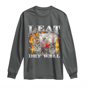 Funny Cat Meme Bootleg Graphic Long Sleeve Shirt I Eat Drywall Funny Weird Cursed Internet Memes TS10 Dark Heather Print Your Wear