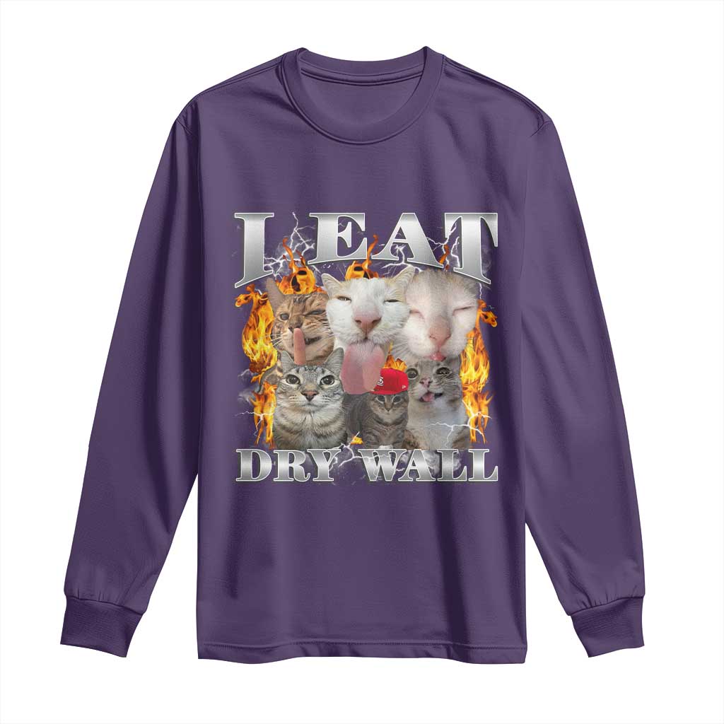 Funny Cat Meme Bootleg Graphic Long Sleeve Shirt I Eat Drywall Funny Weird Cursed Internet Memes TS10 Purple Print Your Wear