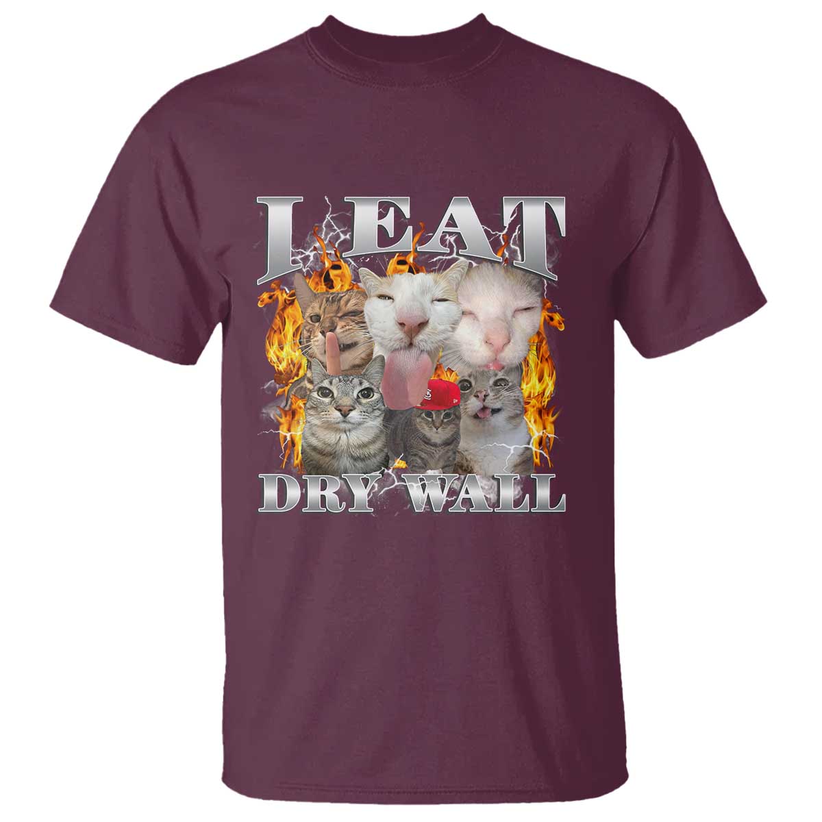 Funny Cat Meme Bootleg Graphic T Shirt I Eat Drywall Funny Weird Cursed Internet Memes TS10 Maroon Print Your Wear