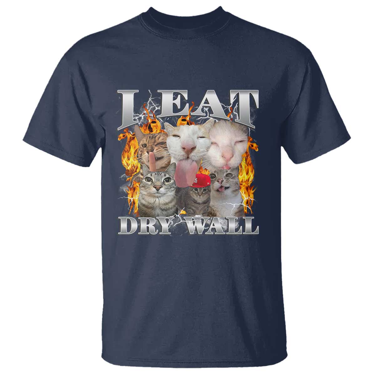 Funny Cat Meme Bootleg Graphic T Shirt I Eat Drywall Funny Weird Cursed Internet Memes TS10 Navy Print Your Wear