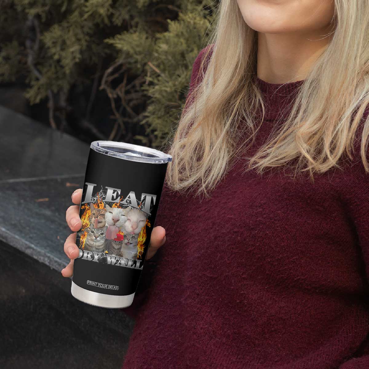 Funny Cat Meme Bootleg Graphic Tumbler Cup I Eat Drywall Funny Weird Cursed Internet Memes TS10 Print Your Wear