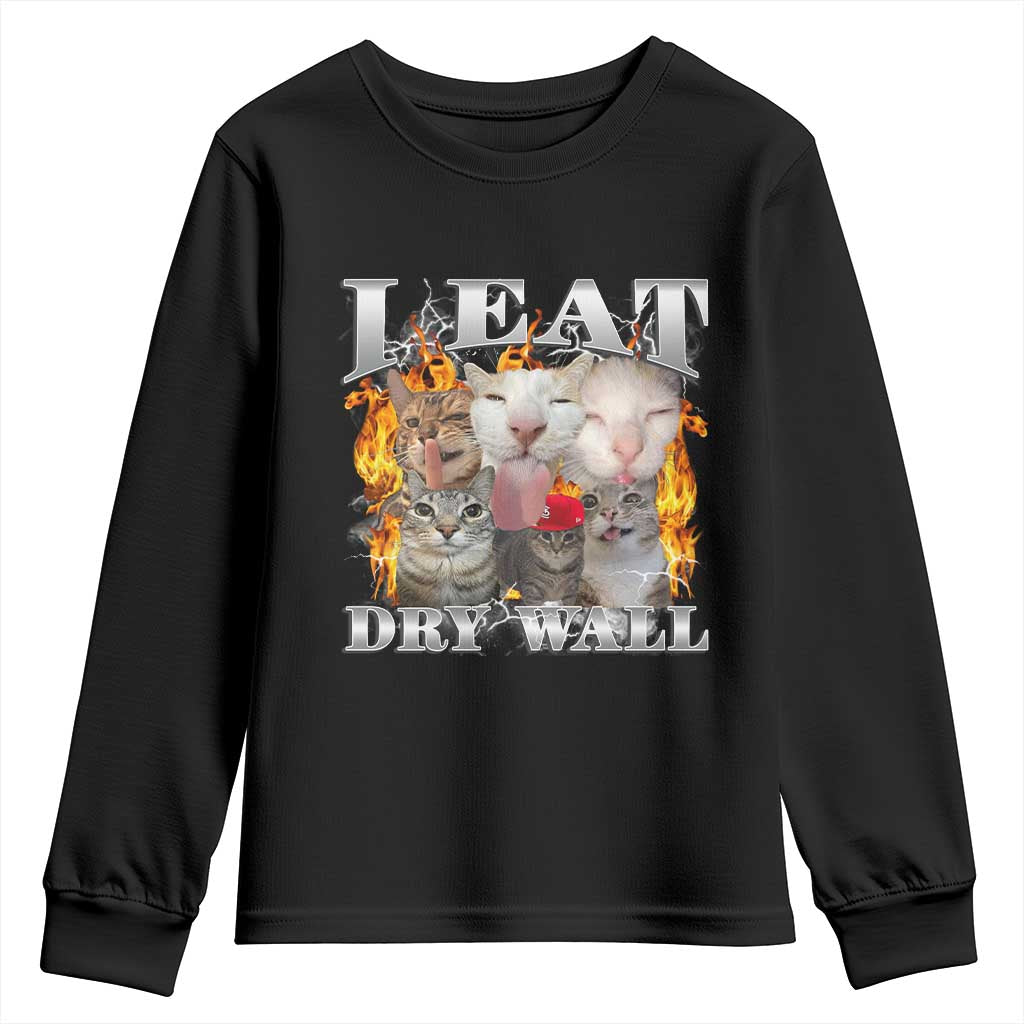Funny Cat Meme Bootleg Graphic Youth Sweatshirt I Eat Drywall Funny Weird Cursed Internet Memes TS10 Black Print Your Wear