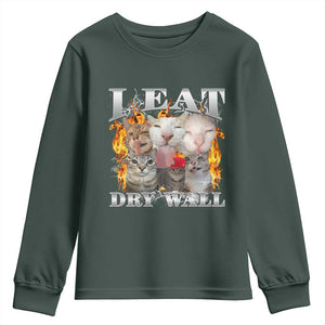 Funny Cat Meme Bootleg Graphic Youth Sweatshirt I Eat Drywall Funny Weird Cursed Internet Memes TS10 Dark Forest Green Print Your Wear