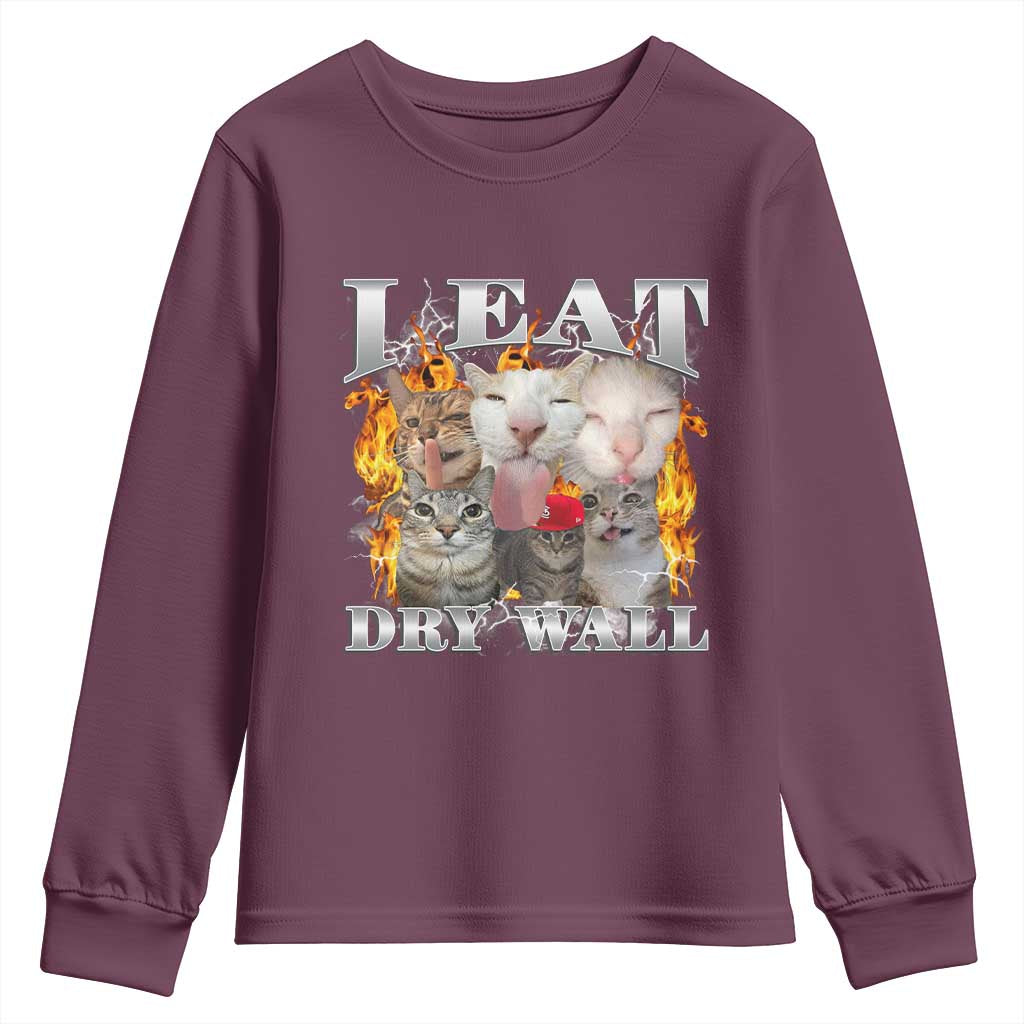 Funny Cat Meme Bootleg Graphic Youth Sweatshirt I Eat Drywall Funny Weird Cursed Internet Memes TS10 Maroon Print Your Wear