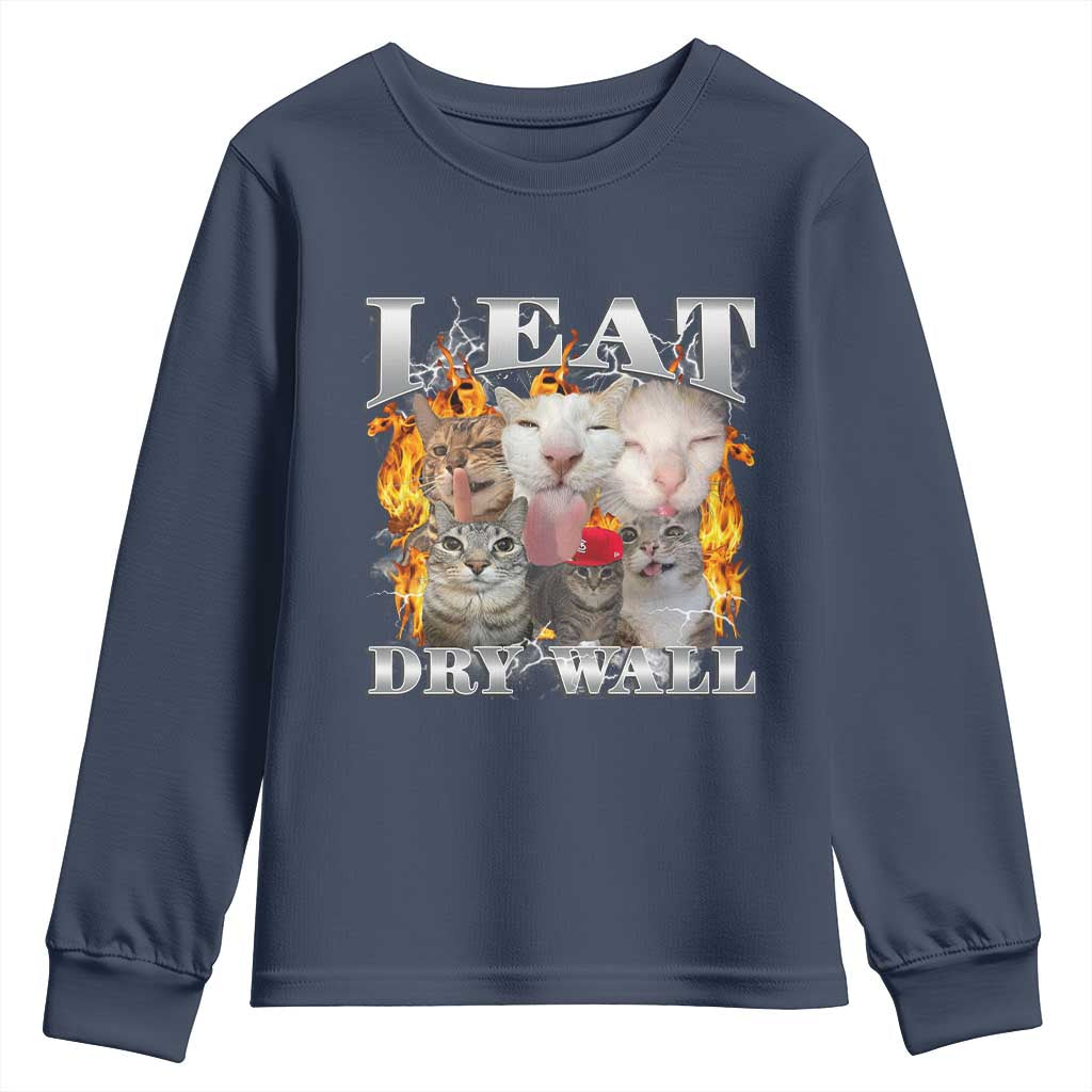 Funny Cat Meme Bootleg Graphic Youth Sweatshirt I Eat Drywall Funny Weird Cursed Internet Memes TS10 Navy Print Your Wear