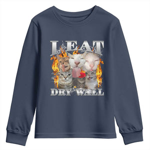Funny Cat Meme Bootleg Graphic Youth Sweatshirt I Eat Drywall Funny Weird Cursed Internet Memes TS10 Navy Print Your Wear