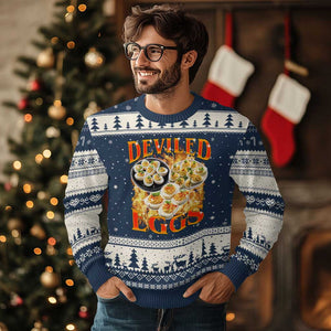 Deviled Eggs Ugly Christmas Sweater Vintage 90s Thanksgiving Funny Foodie Bootleg Graphic TS10 Navy Beige Print Your Wear