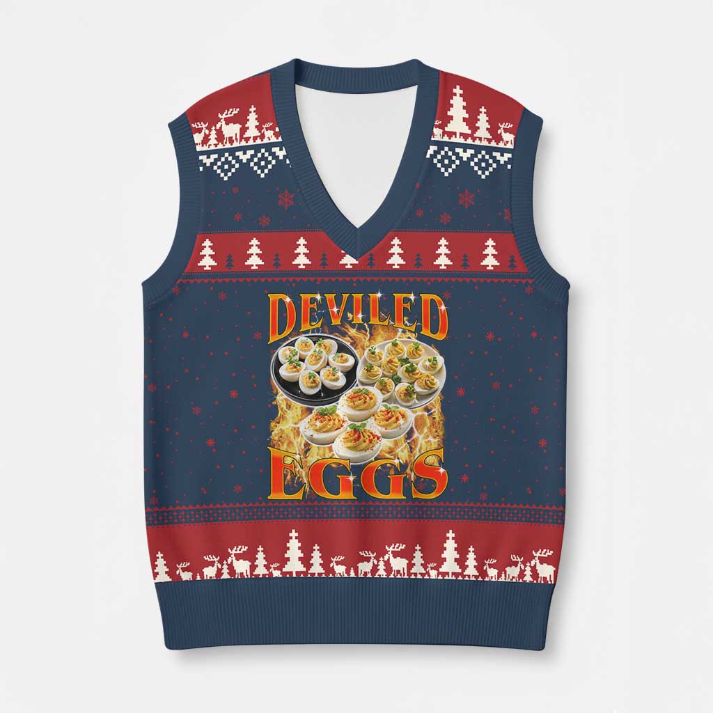 Deviled Eggs V-Neck Knit Sweater Vest Vintage 90s Thanksgiving Funny Foodie Bootleg Graphic TS10 Navy Red Print Your Wear