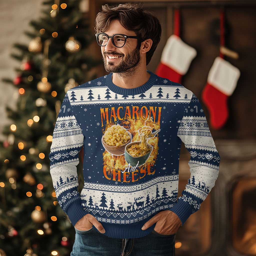 Macaroni And Cheese Meme Ugly Christmas Sweater Vintage 90s Style Funny Foodie Bootleg Graphic TS10 Navy Beige Print Your Wear