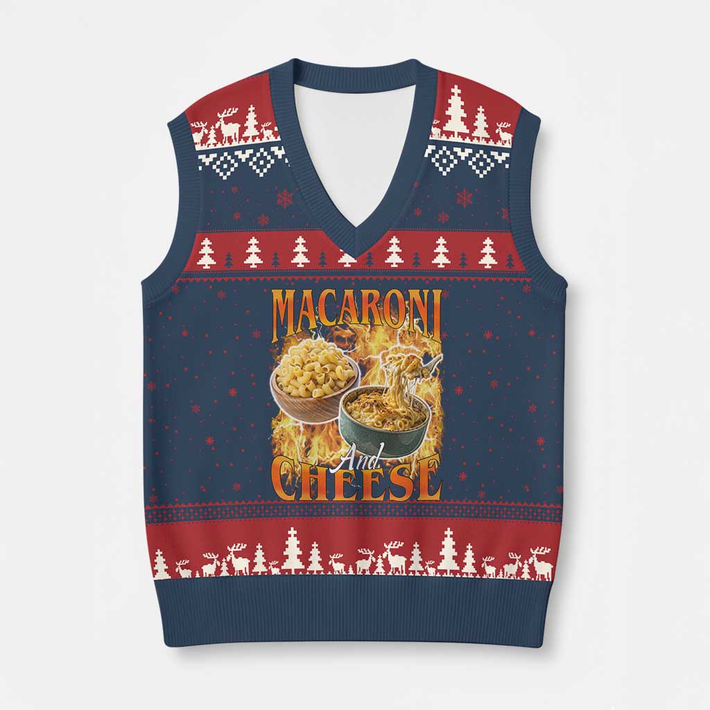 Macaroni And Cheese Meme V-Neck Knit Sweater Vest Vintage 90s Style Funny Foodie Bootleg Graphic TS10 Navy Red Print Your Wear
