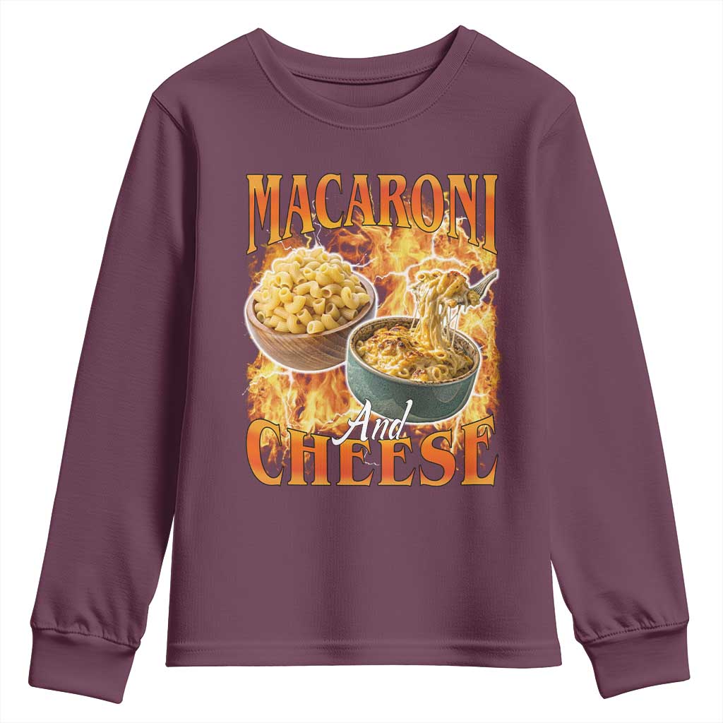 Macaroni And Cheese Meme Youth Sweatshirt Vintage 90s Style Funny Foodie Bootleg Graphic TS10 Maroon Print Your Wear