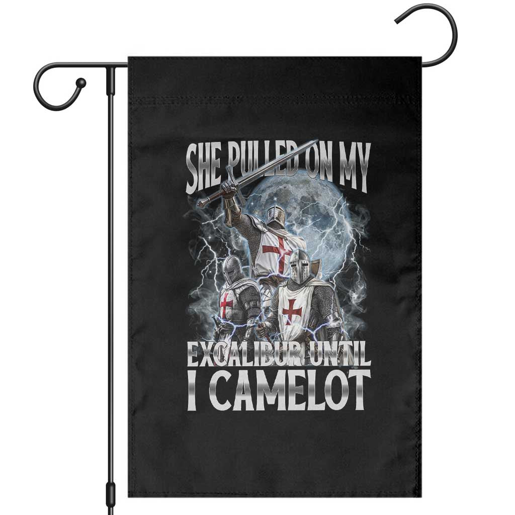 Funny Offensive Knight Meme Garden Flag She Pulled On My Excalibur Bootleg TS10 Black Print Your Wear