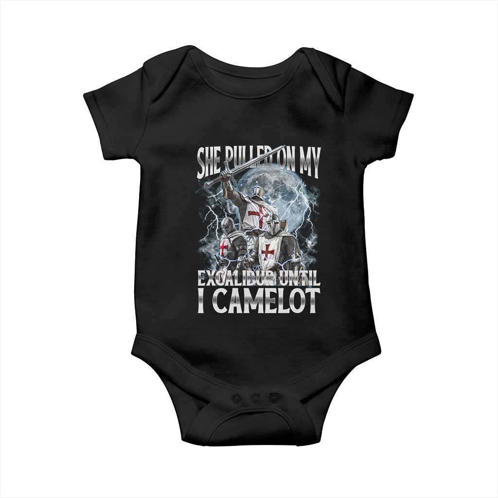 Funny Offensive Knight Meme Baby Onesie She Pulled On My Excalibur Bootleg TS10 Black Print Your Wear