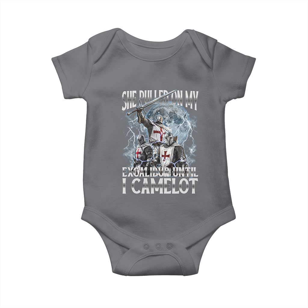 Funny Offensive Knight Meme Baby Onesie She Pulled On My Excalibur Bootleg TS10 Charcoal Print Your Wear