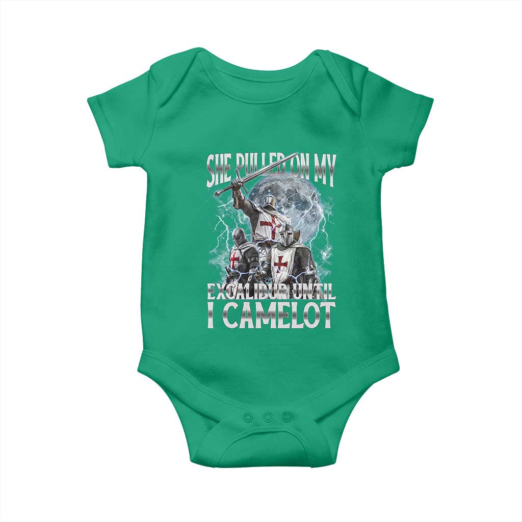 Funny Offensive Knight Meme Baby Onesie She Pulled On My Excalibur Bootleg TS10 Irish Green Print Your Wear