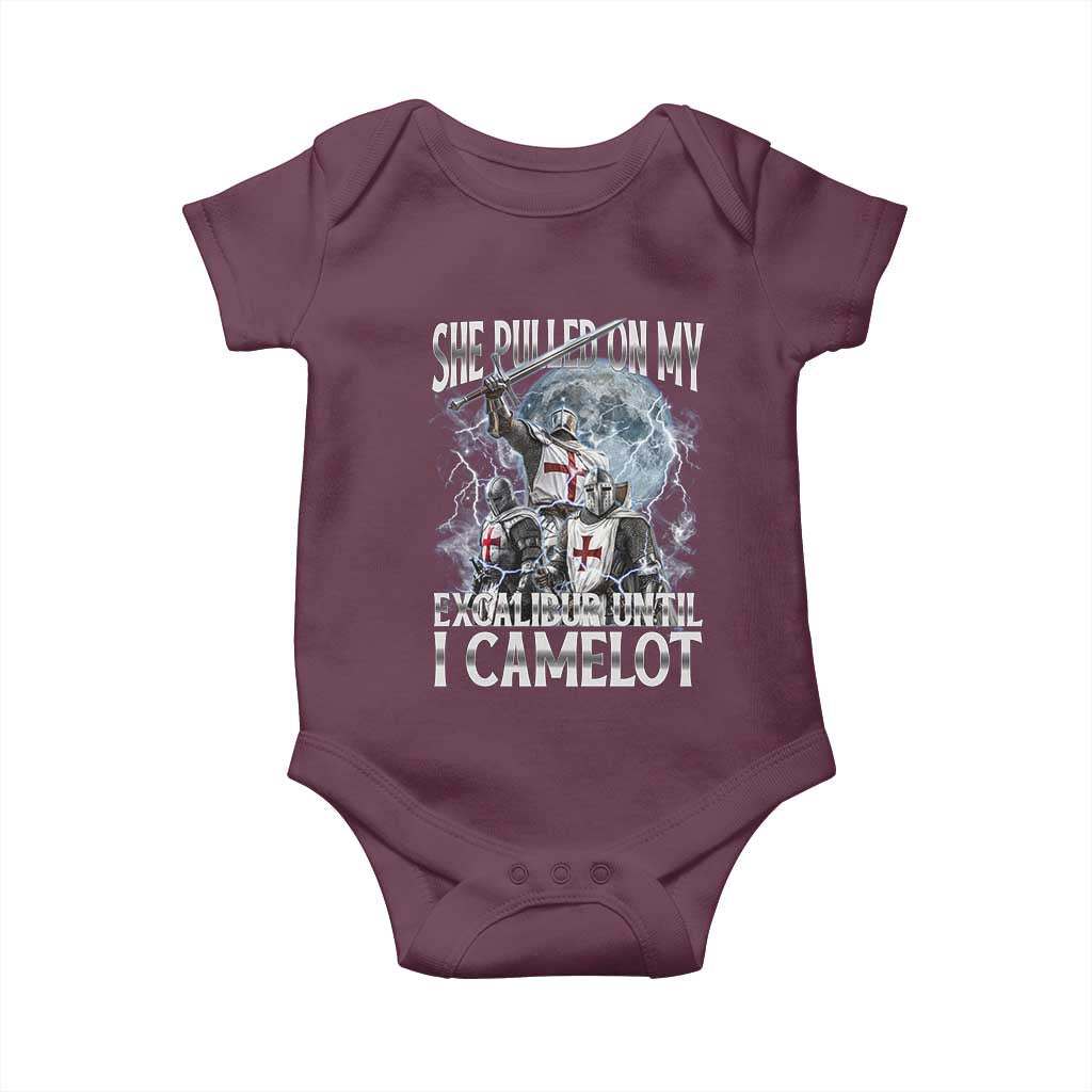 Funny Offensive Knight Meme Baby Onesie She Pulled On My Excalibur Bootleg TS10 Maroon Print Your Wear