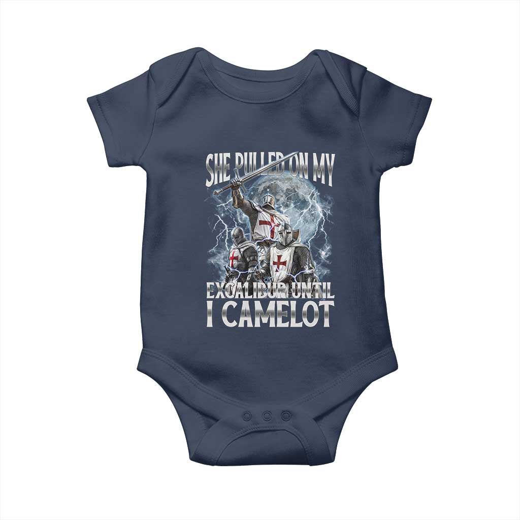 Funny Offensive Knight Meme Baby Onesie She Pulled On My Excalibur Bootleg TS10 Navy Print Your Wear