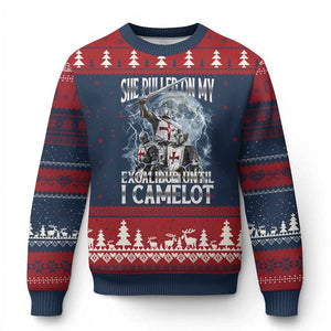 Funny Offensive Knight Meme Ugly Christmas Sweater She Pulled On My Excalibur Bootleg TS10 Navy Red Print Your Wear
