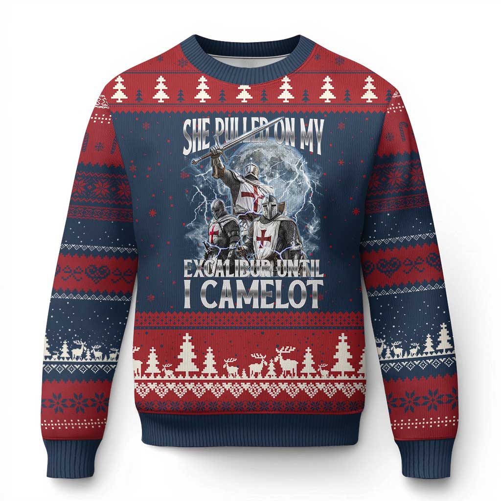 Funny Offensive Knight Meme Ugly Christmas Sweater She Pulled On My Excalibur Bootleg TS10 Navy Red Print Your Wear