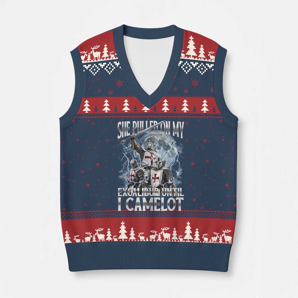 Funny Offensive Knight Meme V-Neck Knit Sweater Vest She Pulled On My Excalibur Bootleg TS10 Navy Red Print Your Wear