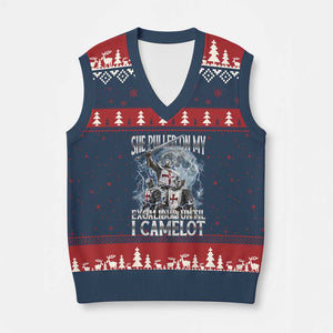 Funny Offensive Knight Meme V-Neck Knit Sweater Vest She Pulled On My Excalibur Bootleg TS10 Navy Red Print Your Wear