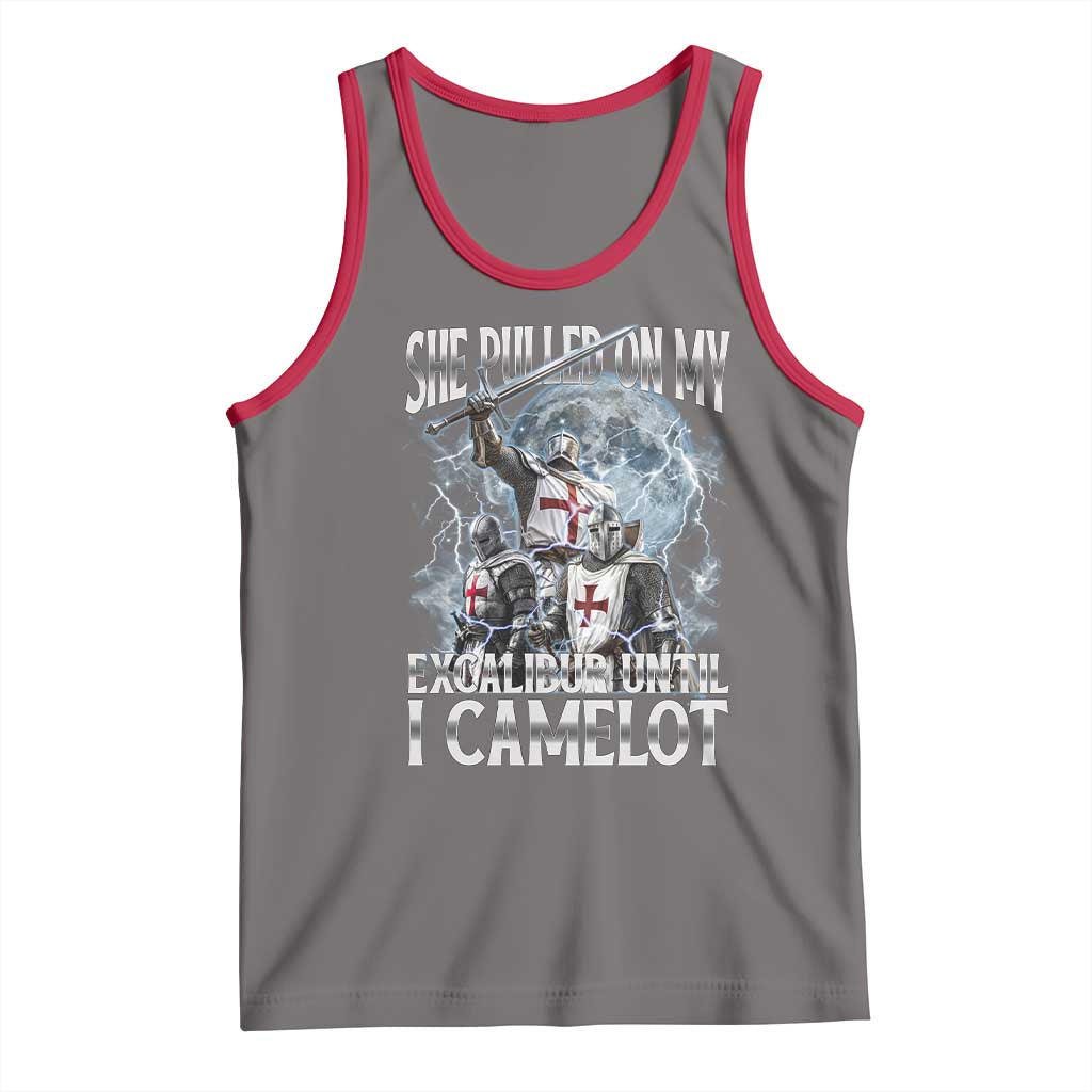 Funny Offensive Knight Meme Tank Top She Pulled On My Excalibur Bootleg TS10 Deep Heather Red Print Your Wear