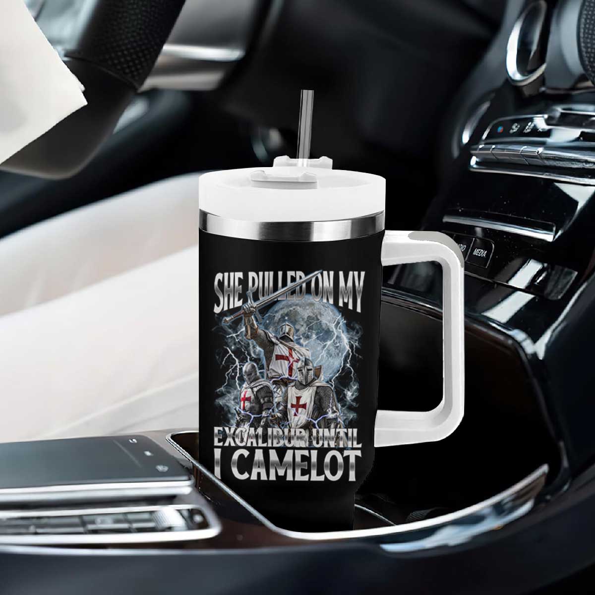 Funny Offensive Knight Meme Tumbler With Handle She Pulled On My Excalibur Bootleg TS10 Print Your Wear