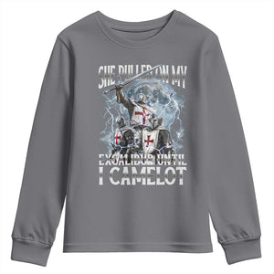 Funny Offensive Knight Meme Youth Sweatshirt She Pulled On My Excalibur Bootleg TS10 Charcoal Print Your Wear