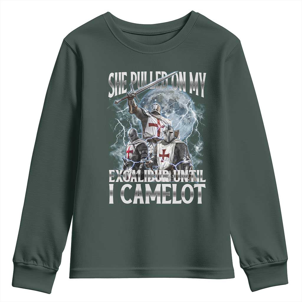 Funny Offensive Knight Meme Youth Sweatshirt She Pulled On My Excalibur Bootleg TS10 Dark Forest Green Print Your Wear