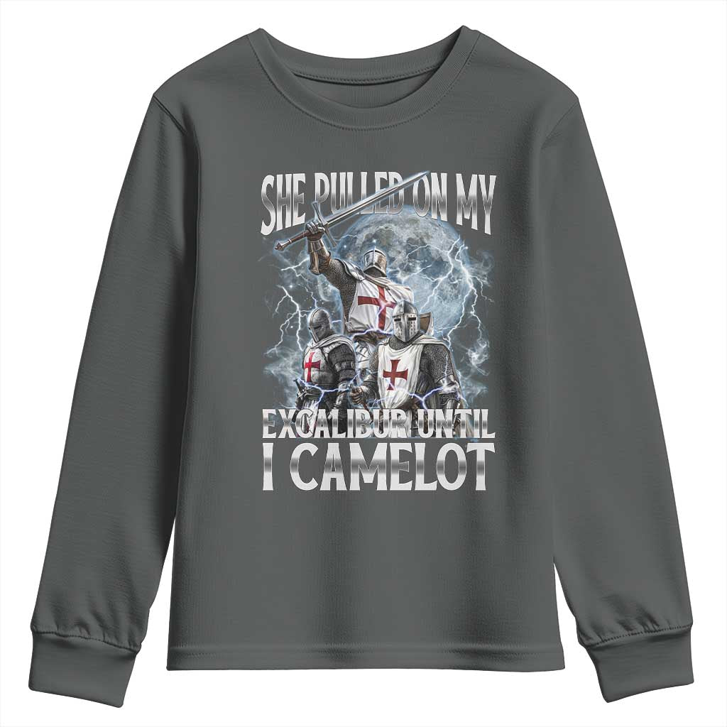 Funny Offensive Knight Meme Youth Sweatshirt She Pulled On My Excalibur Bootleg TS10 Dark Heather Print Your Wear