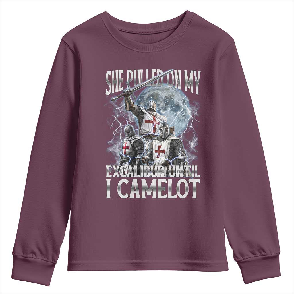 Funny Offensive Knight Meme Youth Sweatshirt She Pulled On My Excalibur Bootleg TS10 Maroon Print Your Wear