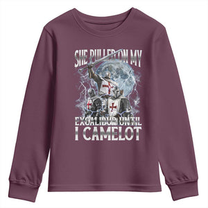 Funny Offensive Knight Meme Youth Sweatshirt She Pulled On My Excalibur Bootleg TS10 Maroon Print Your Wear