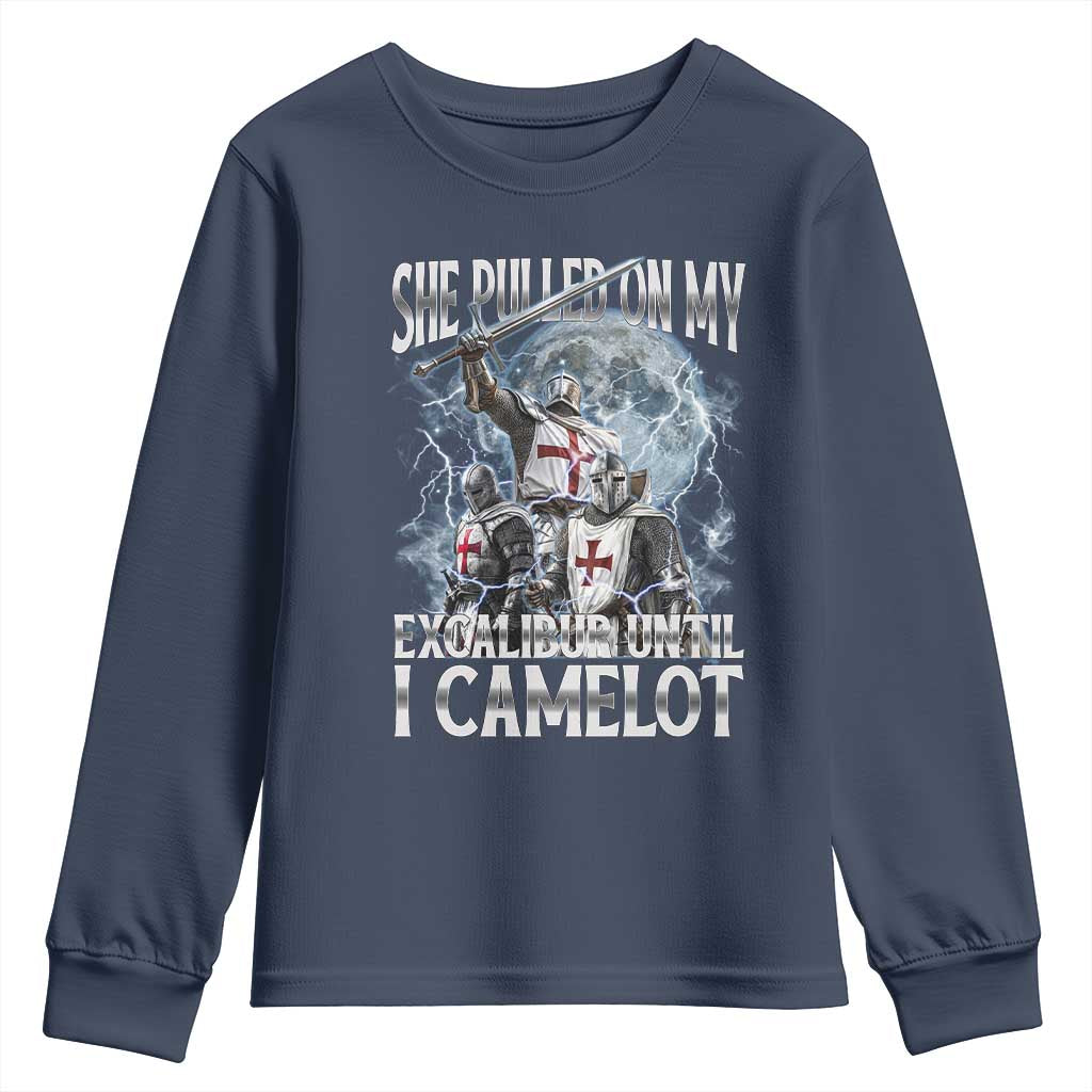 Funny Offensive Knight Meme Youth Sweatshirt She Pulled On My Excalibur Bootleg TS10 Navy Print Your Wear