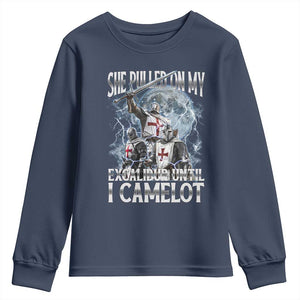 Funny Offensive Knight Meme Youth Sweatshirt She Pulled On My Excalibur Bootleg TS10 Navy Print Your Wear