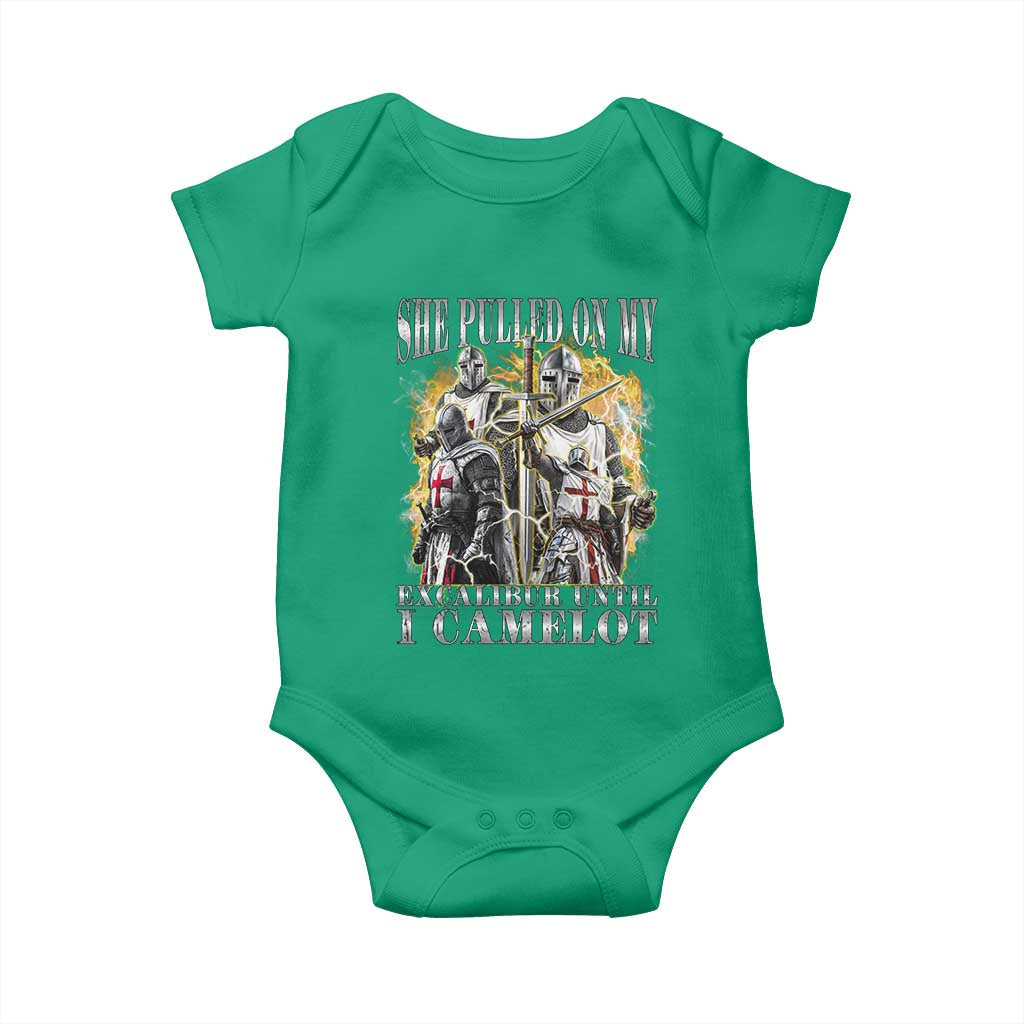Funny Knight Meme Baby Onesie She Pulled On My Excalibur Offensive Medieval Warrior Bootleg TS10 Irish Green Print Your Wear
