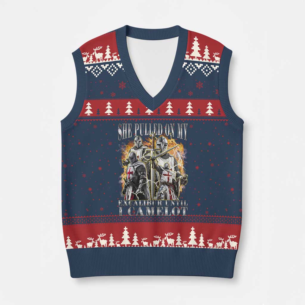 Funny Knight Meme V-Neck Knit Sweater Vest She Pulled On My Excalibur Offensive Medieval Warrior Bootleg TS10 Navy Red Print Your Wear