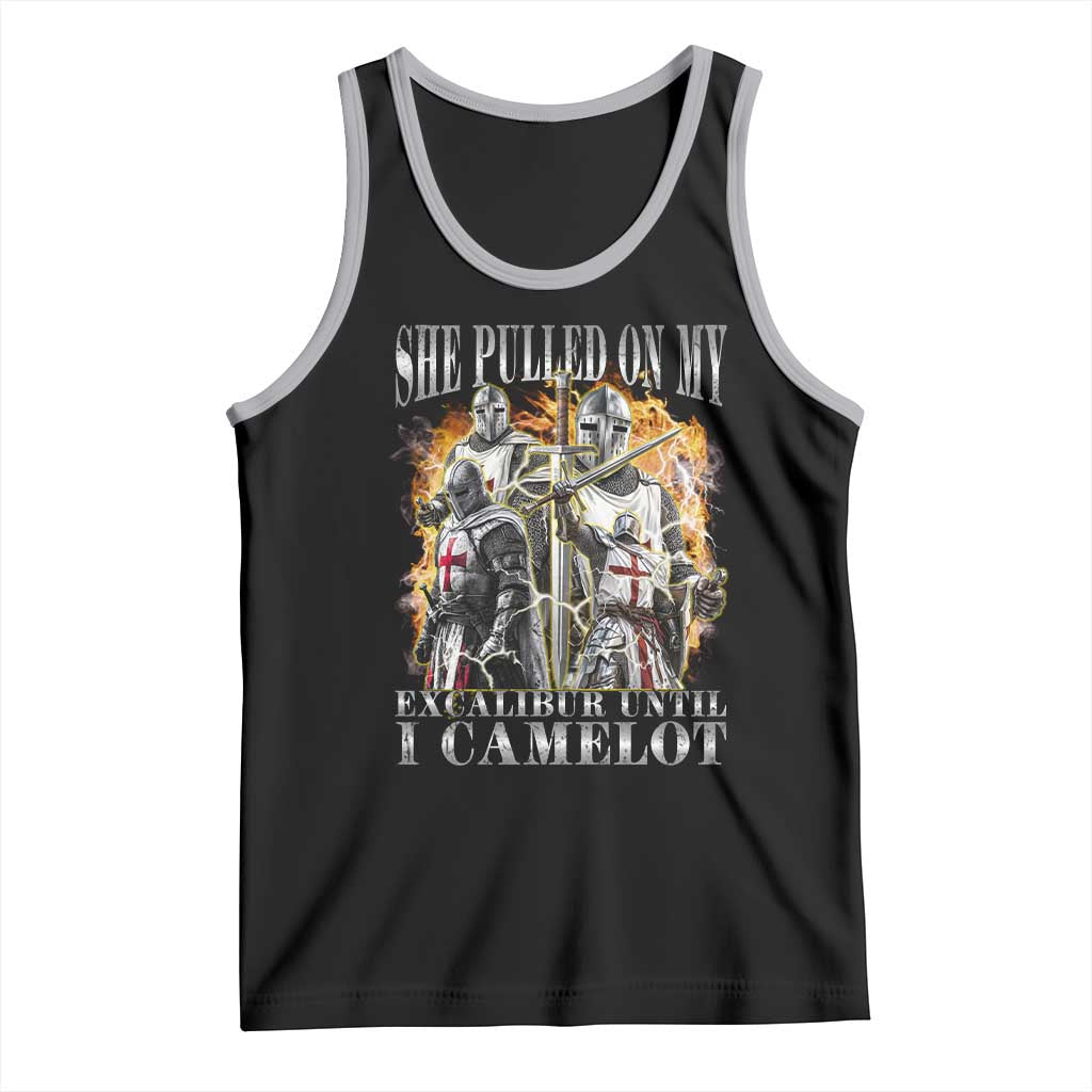 Funny Knight Meme Tank Top She Pulled On My Excalibur Offensive Medieval Warrior Bootleg TS10 Black Athletic Heather Print Your Wear