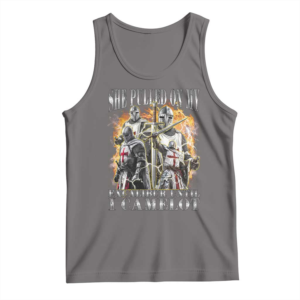 Funny Knight Meme Tank Top She Pulled On My Excalibur Offensive Medieval Warrior Bootleg TS10 Deep Heather Print Your Wear