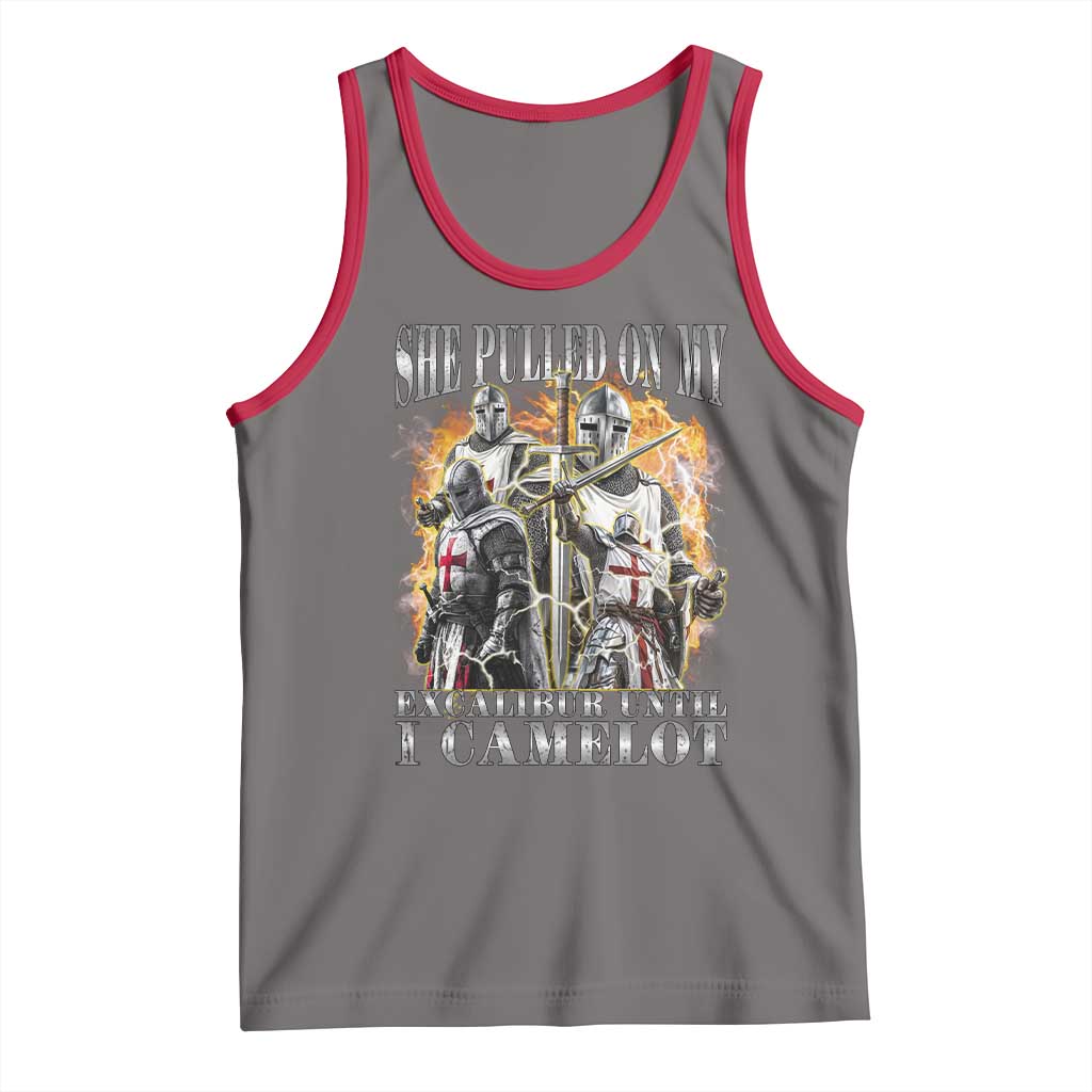 Funny Knight Meme Tank Top She Pulled On My Excalibur Offensive Medieval Warrior Bootleg TS10 Deep Heather Red Print Your Wear