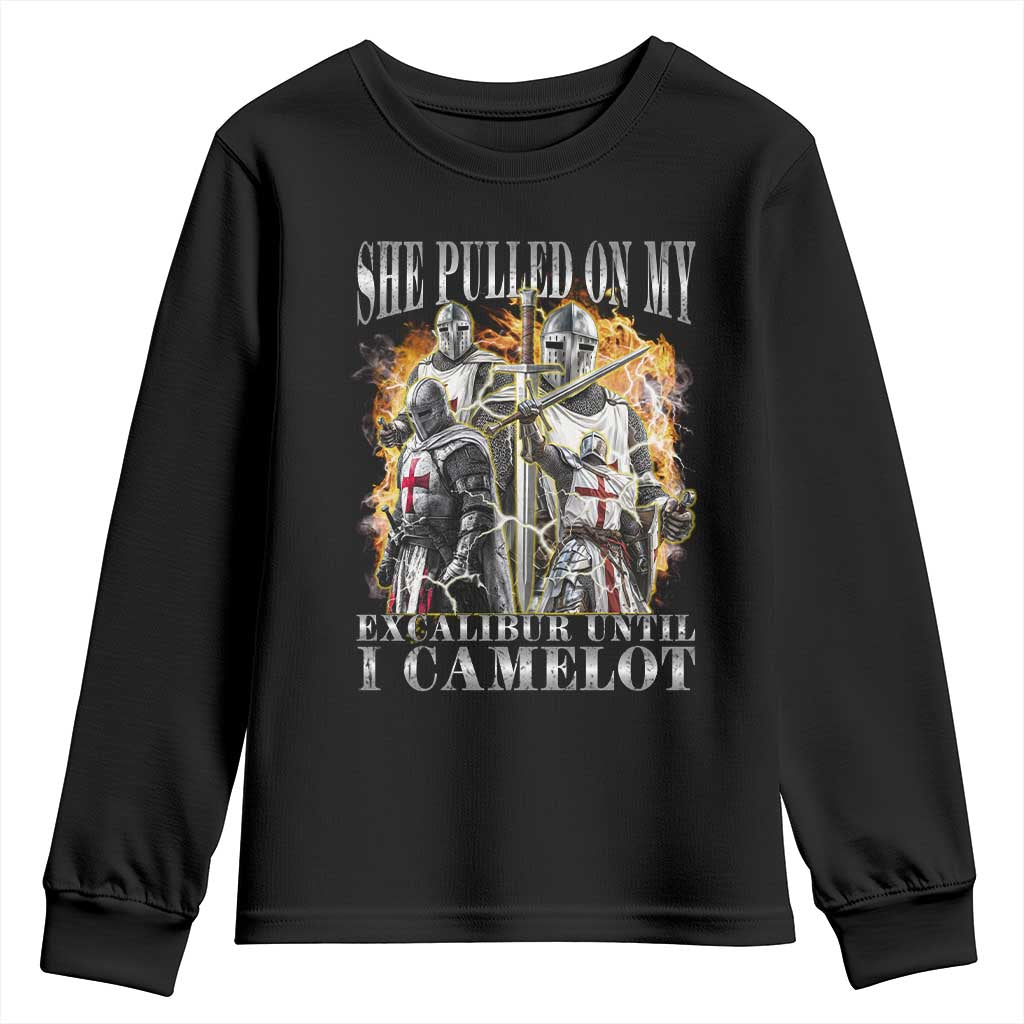 Funny Knight Meme Youth Sweatshirt She Pulled On My Excalibur Offensive Medieval Warrior Bootleg TS10 Black Print Your Wear