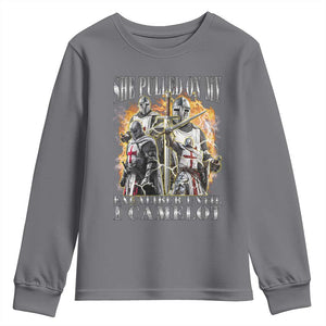Funny Knight Meme Youth Sweatshirt She Pulled On My Excalibur Offensive Medieval Warrior Bootleg TS10 Charcoal Print Your Wear