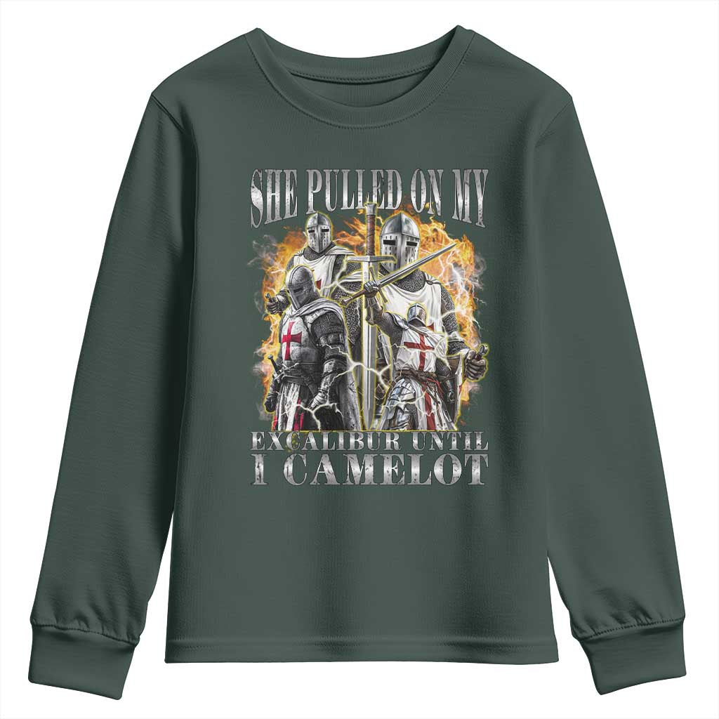 Funny Knight Meme Youth Sweatshirt She Pulled On My Excalibur Offensive Medieval Warrior Bootleg TS10 Dark Forest Green Print Your Wear