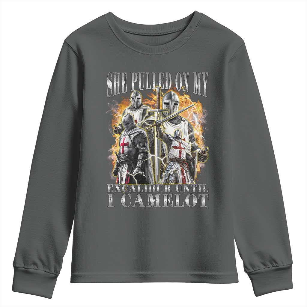 Funny Knight Meme Youth Sweatshirt She Pulled On My Excalibur Offensive Medieval Warrior Bootleg TS10 Dark Heather Print Your Wear
