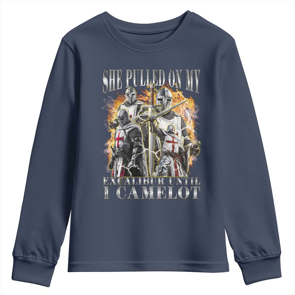 Funny Knight Meme Youth Sweatshirt She Pulled On My Excalibur Offensive Medieval Warrior Bootleg TS10 Navy Print Your Wear